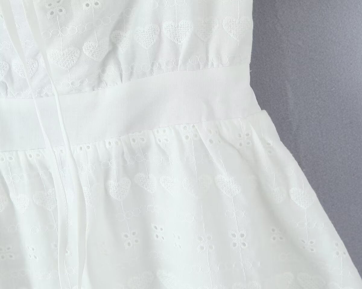 White Dress Square Collar Lace Embroidered Hollow Out Cutout Jacquard Waist Slimming Dress Women Summer A line
