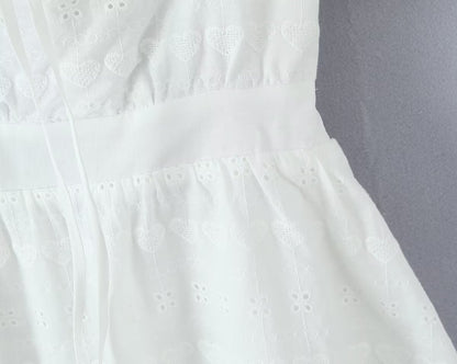 White Dress Square Collar Lace Embroidered Hollow Out Cutout Jacquard Waist Slimming Dress Women Summer A line