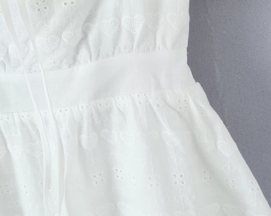White Dress Square Collar Lace Embroidered Hollow Out Cutout Jacquard Waist Slimming Dress Women Summer A line