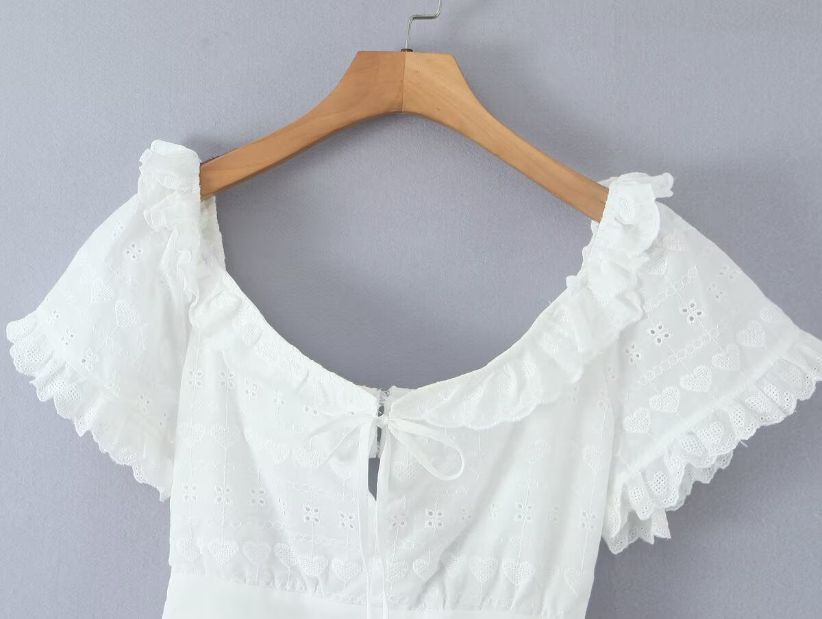 White Dress Square Collar Lace Embroidered Hollow Out Cutout Jacquard Waist Slimming Dress Women Summer A line