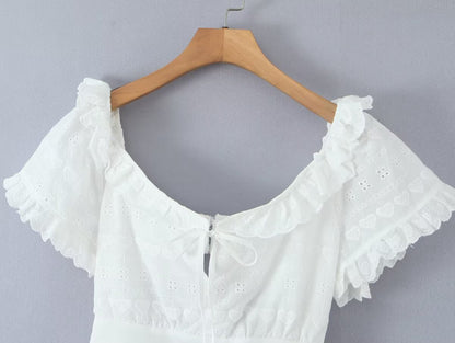White Dress Square Collar Lace Embroidered Hollow Out Cutout Jacquard Waist Slimming Dress Women Summer A line
