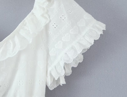 White Dress Square Collar Lace Embroidered Hollow Out Cutout Jacquard Waist Slimming Dress Women Summer A line