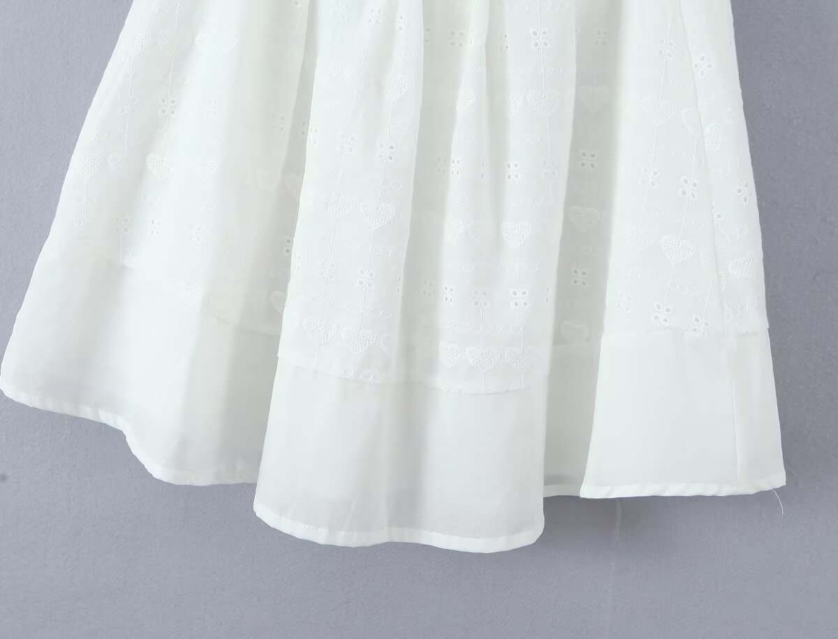 White Dress Square Collar Lace Embroidered Hollow Out Cutout Jacquard Waist Slimming Dress Women Summer A line