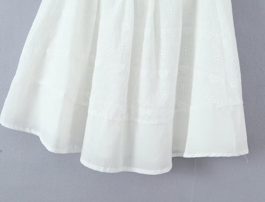 White Dress Square Collar Lace Embroidered Hollow Out Cutout Jacquard Waist Slimming Dress Women Summer A line