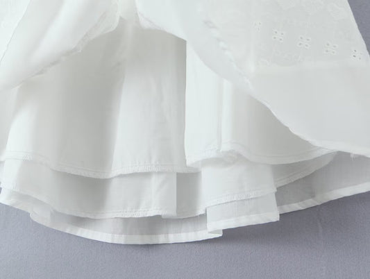 White Dress Square Collar Lace Embroidered Hollow Out Cutout Jacquard Waist Slimming Dress Women Summer A line