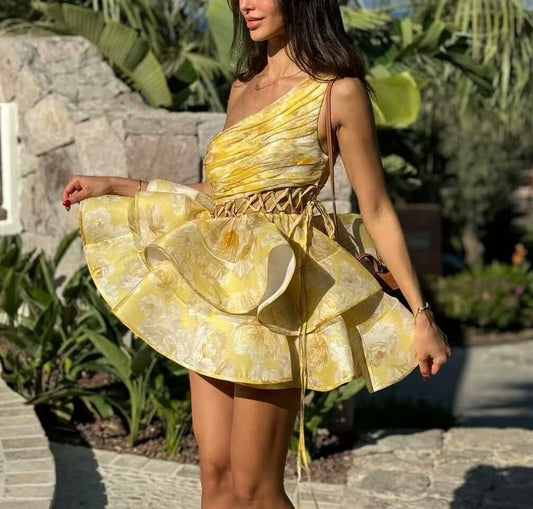 Homemade Women Clothing Western Sexy One Shoulder Waist Hollow Out Cutout out Cinched Floral Dress