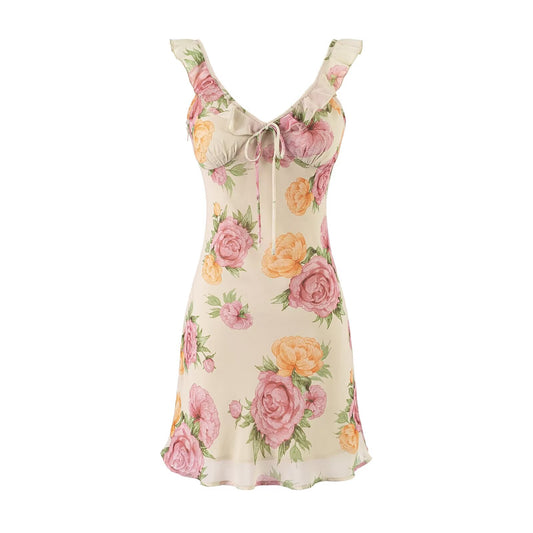 Printed Ruffled Spaghetti Straps Mini Dress