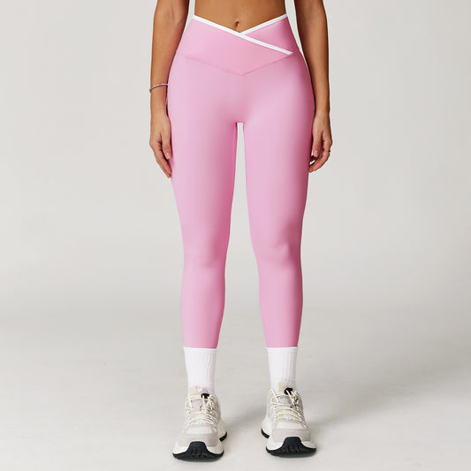 Nude Feel Skinny Yoga Pants Cross High Waist Contrast Color Tights Women Sports Running Fitness Pants - Iyanka