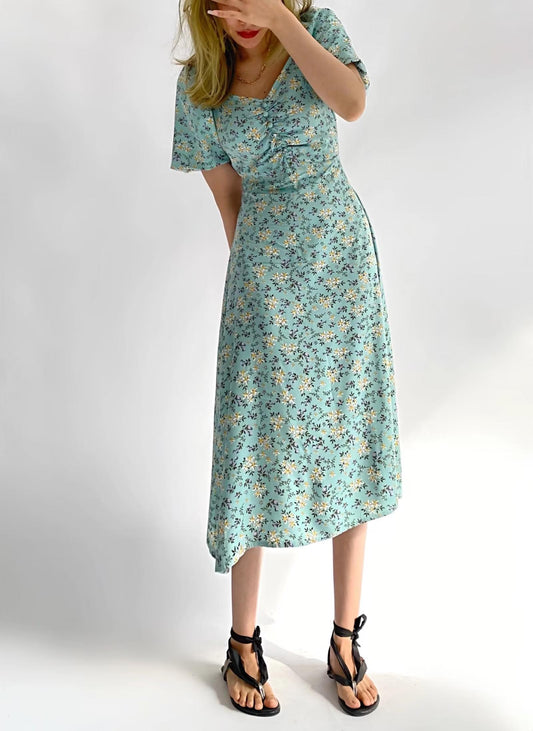 Platycodon Grandiflorum Graceful Puff Sleeve Square Collar Floral Dress Mid Length A line Tea Dress