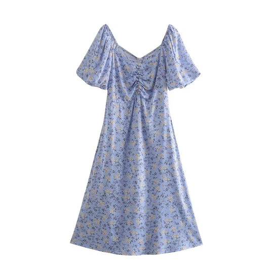 Platycodon Grandiflorum Graceful Puff Sleeve Square Collar Floral Dress Mid Length A line Tea Dress