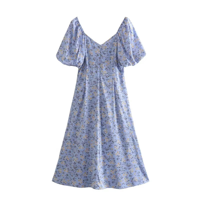Platycodon Grandiflorum Graceful Puff Sleeve Square Collar Floral Dress Mid Length A line Tea Dress