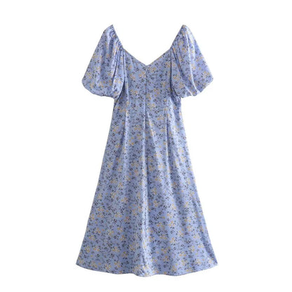 Platycodon Grandiflorum Graceful Puff Sleeve Square Collar Floral Dress Mid Length A line Tea Dress