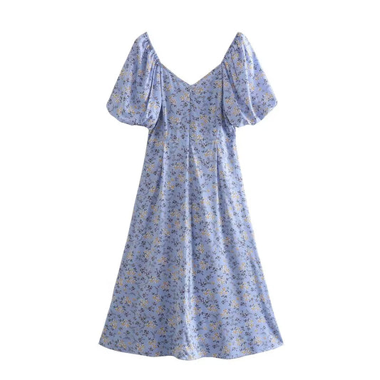 Platycodon Grandiflorum Graceful Puff Sleeve Square Collar Floral Dress Mid Length A line Tea Dress