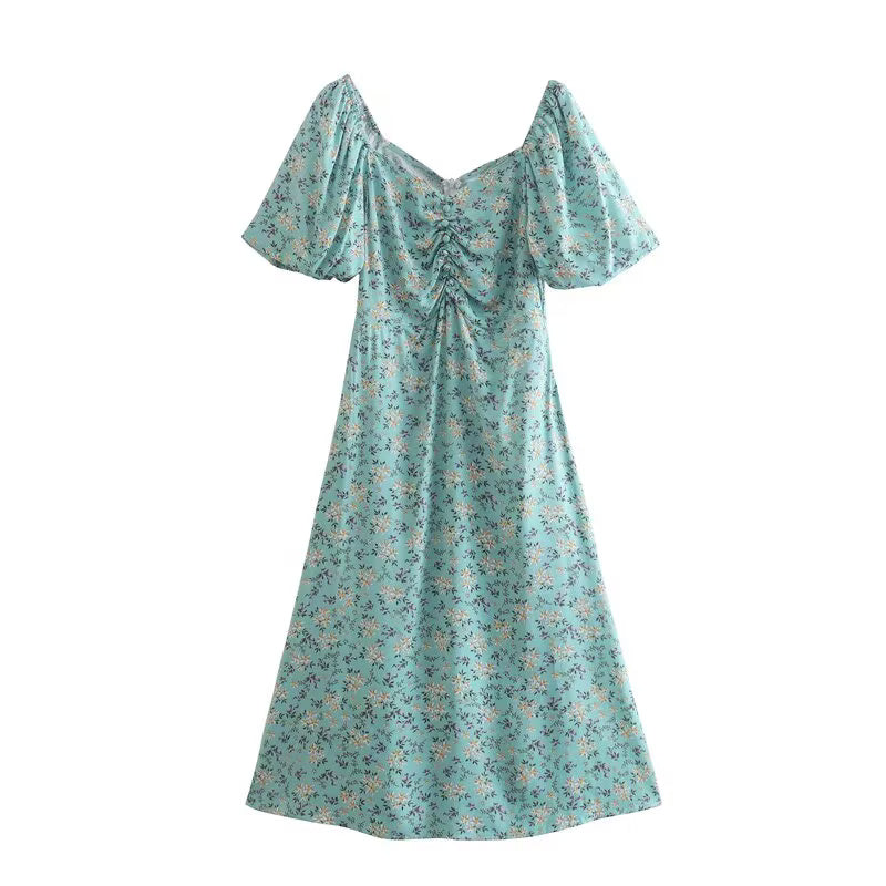 Platycodon Grandiflorum Graceful Puff Sleeve Square Collar Floral Dress Mid Length A line Tea Dress