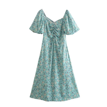 Platycodon Grandiflorum Graceful Puff Sleeve Square Collar Floral Dress Mid Length A line Tea Dress