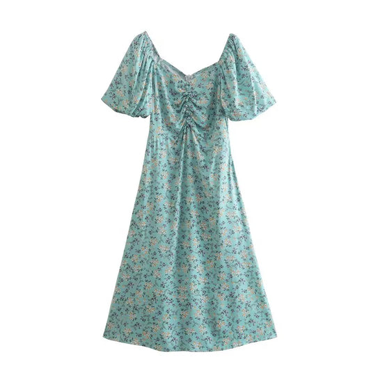 Platycodon Grandiflorum Graceful Puff Sleeve Square Collar Floral Dress Mid Length A line Tea Dress