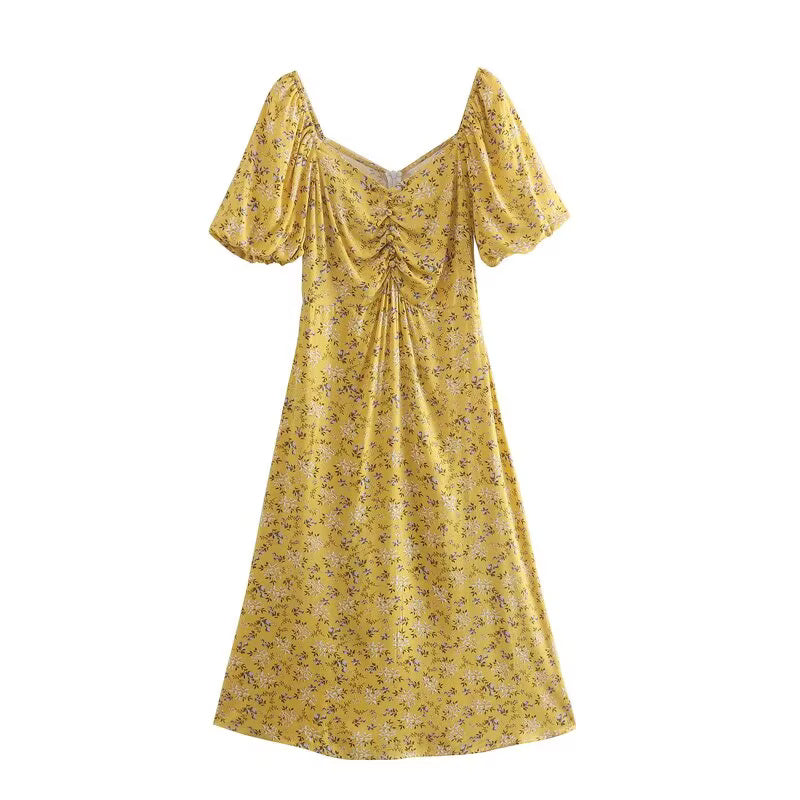 Platycodon Grandiflorum Graceful Puff Sleeve Square Collar Floral Dress Mid Length A line Tea Dress