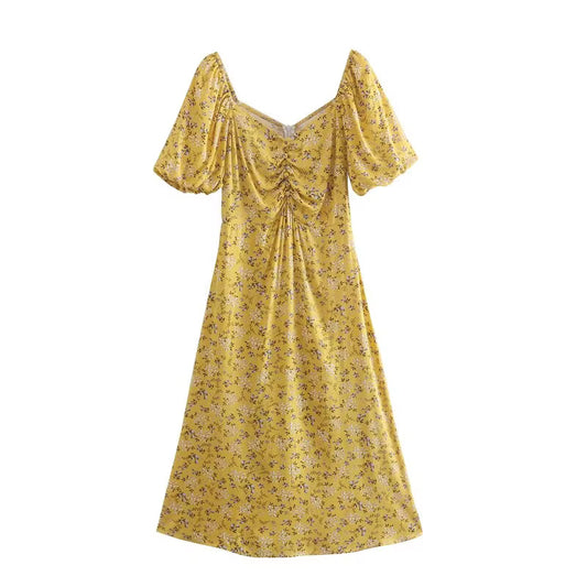 Platycodon Grandiflorum Graceful Puff Sleeve Square Collar Floral Dress Mid Length A line Tea Dress