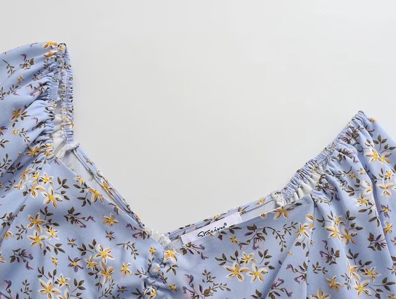 Platycodon Grandiflorum Graceful Puff Sleeve Square Collar Floral Dress Mid Length A line Tea Dress