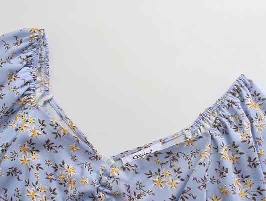 Platycodon Grandiflorum Graceful Puff Sleeve Square Collar Floral Dress Mid Length A line Tea Dress