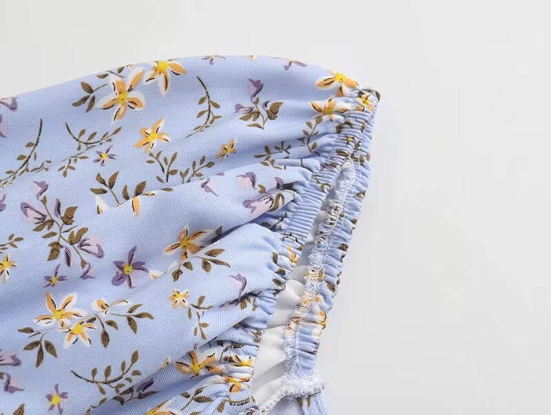Platycodon Grandiflorum Graceful Puff Sleeve Square Collar Floral Dress Mid Length A line Tea Dress