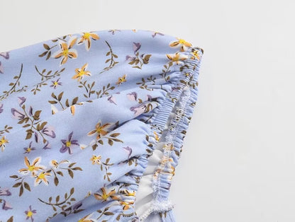 Platycodon Grandiflorum Graceful Puff Sleeve Square Collar Floral Dress Mid Length A line Tea Dress