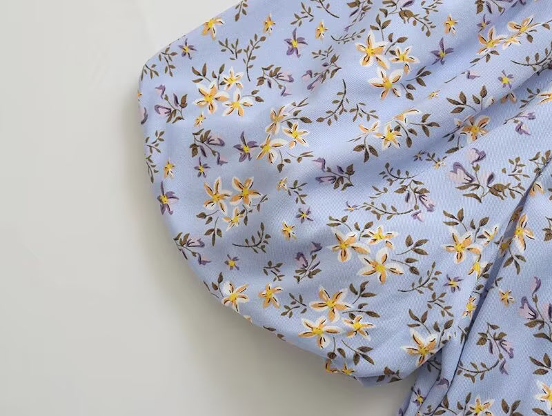 Platycodon Grandiflorum Graceful Puff Sleeve Square Collar Floral Dress Mid Length A line Tea Dress