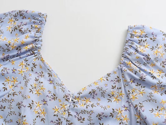 Platycodon Grandiflorum Graceful Puff Sleeve Square Collar Floral Dress Mid Length A line Tea Dress