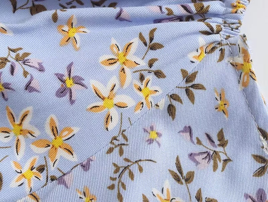 Platycodon Grandiflorum Graceful Puff Sleeve Square Collar Floral Dress Mid Length A line Tea Dress
