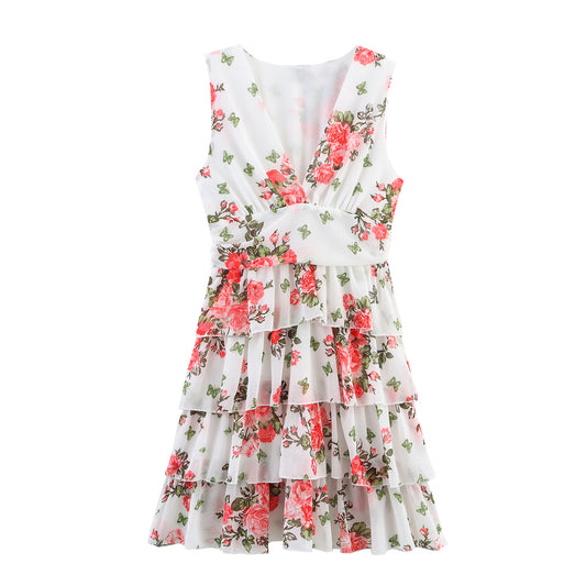 Lady Gold Floral Dress Women Summer Wear V neck Tight Waist Dress Sleeveless Laminated Vest Dress