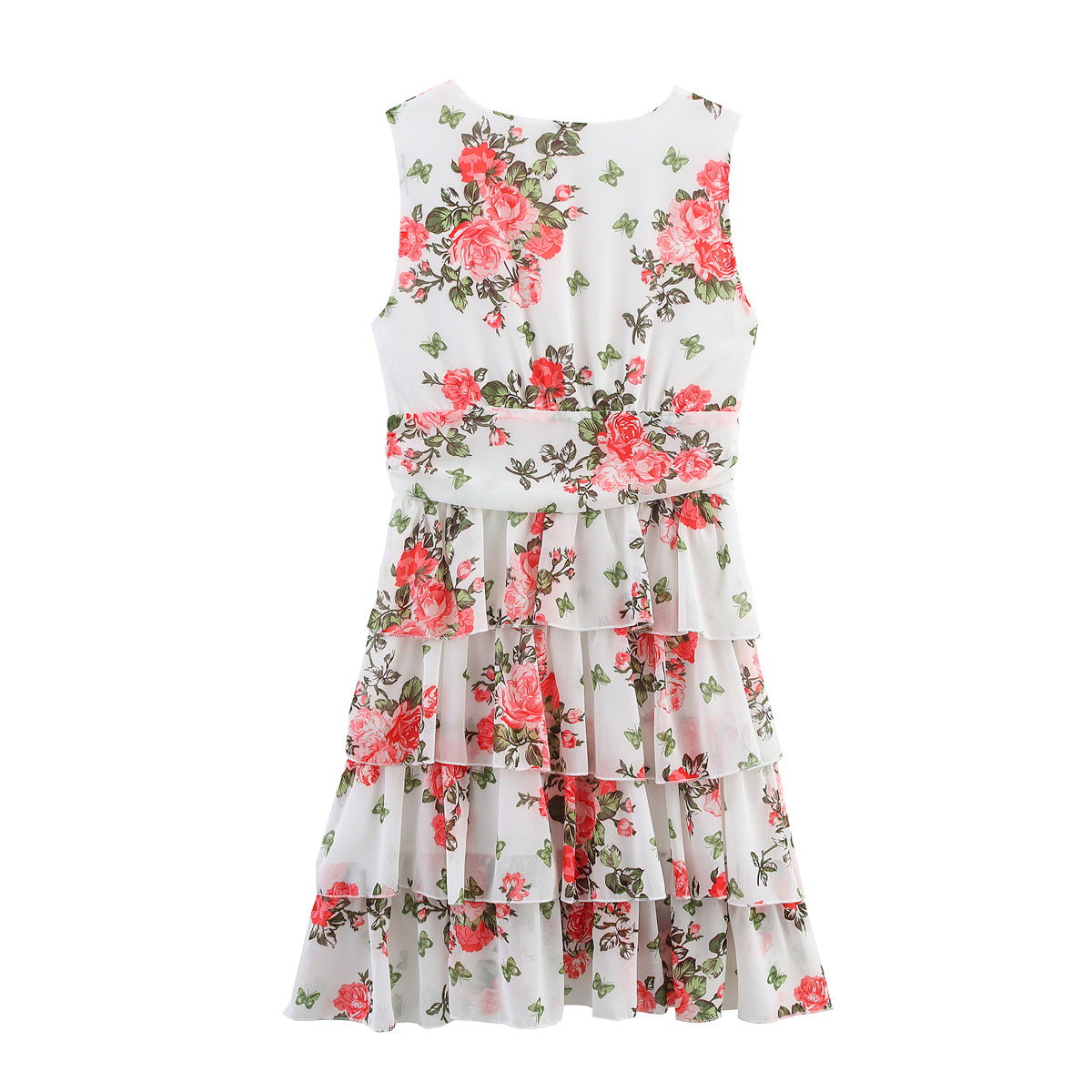 Lady Gold Floral Dress Women Summer Wear V neck Tight Waist Dress Sleeveless Laminated Vest Dress