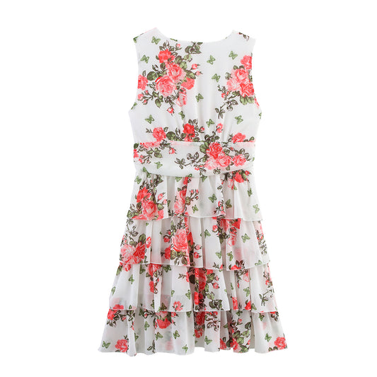 Lady Gold Floral Dress Women Summer Wear V neck Tight Waist Dress Sleeveless Laminated Vest Dress