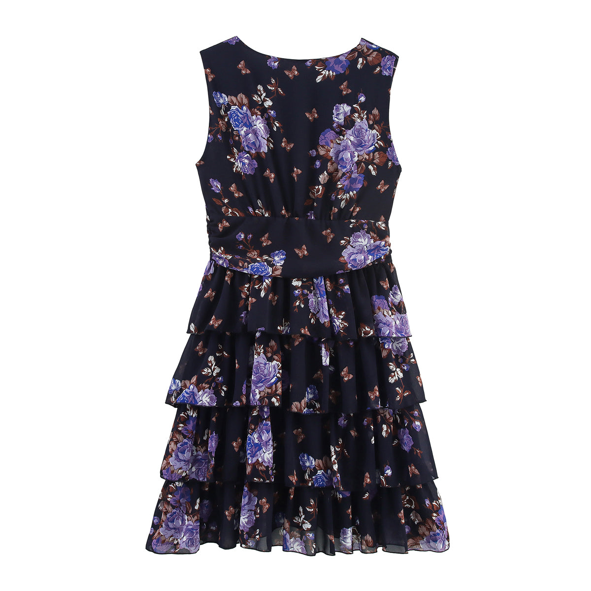 Lady Gold Floral Dress Women Summer Wear V neck Tight Waist Dress Sleeveless Laminated Vest Dress
