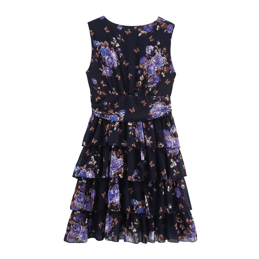 Lady Gold Floral Dress Women Summer Wear V neck Tight Waist Dress Sleeveless Laminated Vest Dress
