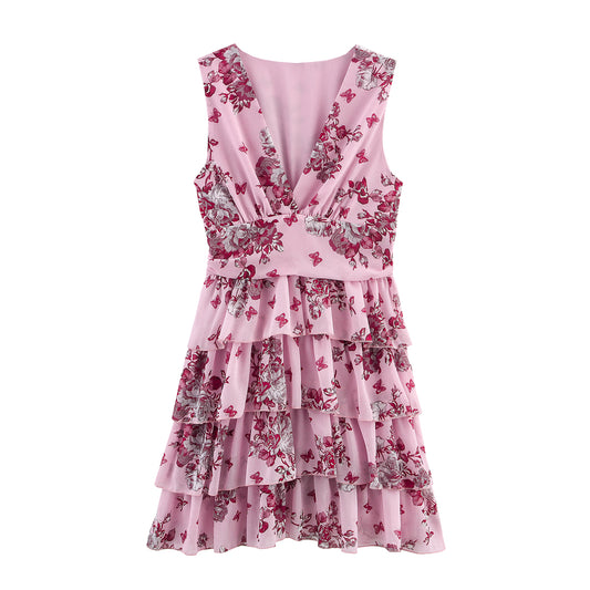 Lady Gold Floral Dress Women Summer Wear V neck Tight Waist Dress Sleeveless Laminated Vest Dress