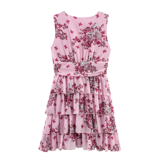 Lady Gold Floral Dress Women Summer Wear V neck Tight Waist Dress Sleeveless Laminated Vest Dress