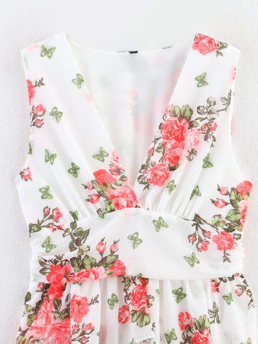 Lady Gold Floral Dress Women Summer Wear V neck Tight Waist Dress Sleeveless Laminated Vest Dress