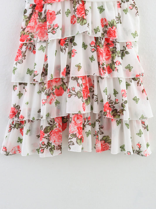 Lady Gold Floral Dress Women Summer Wear V neck Tight Waist Dress Sleeveless Laminated Vest Dress