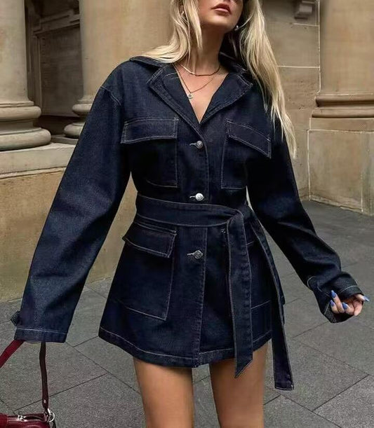 Women Clothing Autumn Polo Collar Belt Tooling Denim Coat - Iyanka
