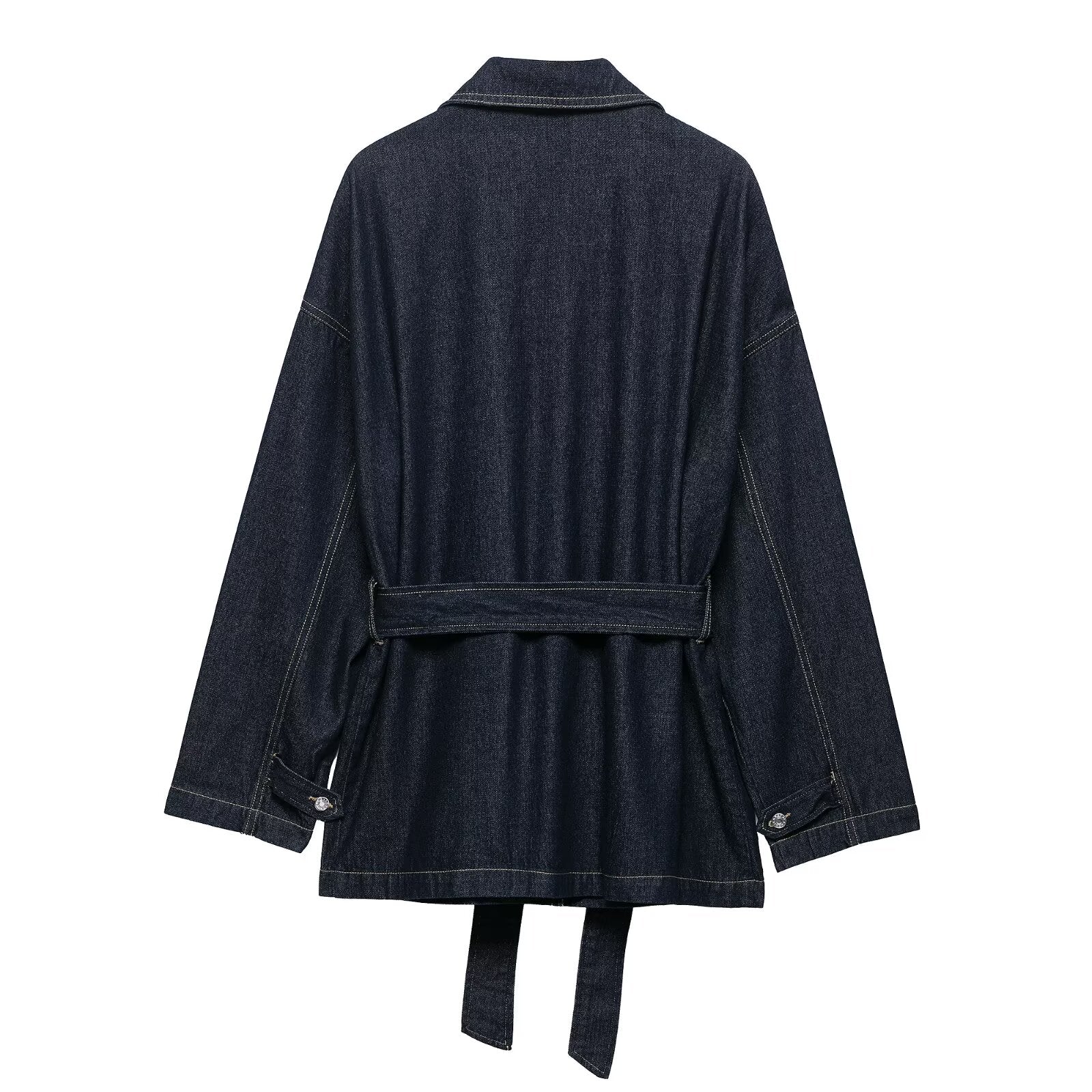 Women Clothing Autumn Polo Collar Belt Tooling Denim Coat - Iyanka