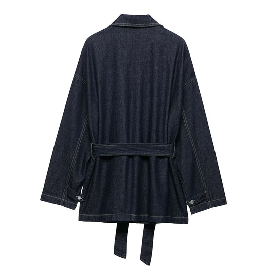 Women Clothing Autumn Polo Collar Belt Tooling Denim Coat - Iyanka