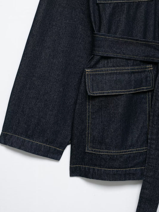 Women Clothing Autumn Polo Collar Belt Tooling Denim Coat - Iyanka