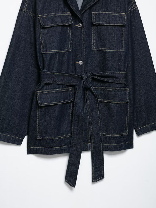 Women Clothing Autumn Polo Collar Belt Tooling Denim Coat - Iyanka