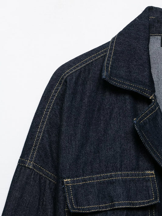 Women Clothing Autumn Polo Collar Belt Tooling Denim Coat - Iyanka