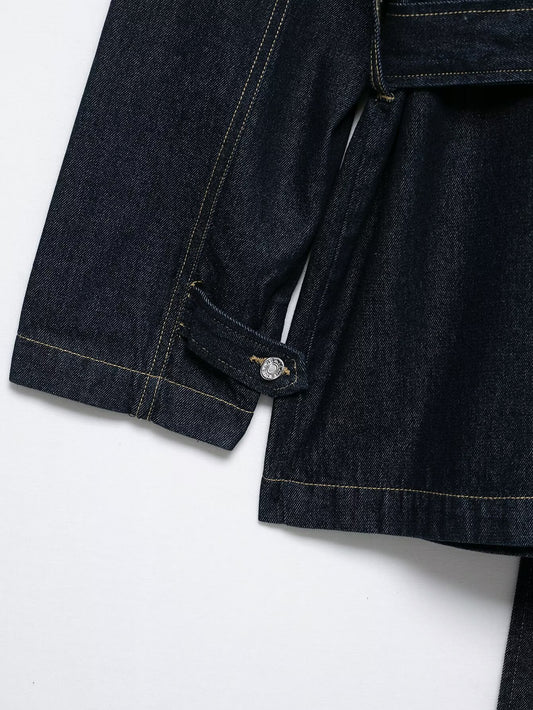 Women Clothing Autumn Polo Collar Belt Tooling Denim Coat - Iyanka