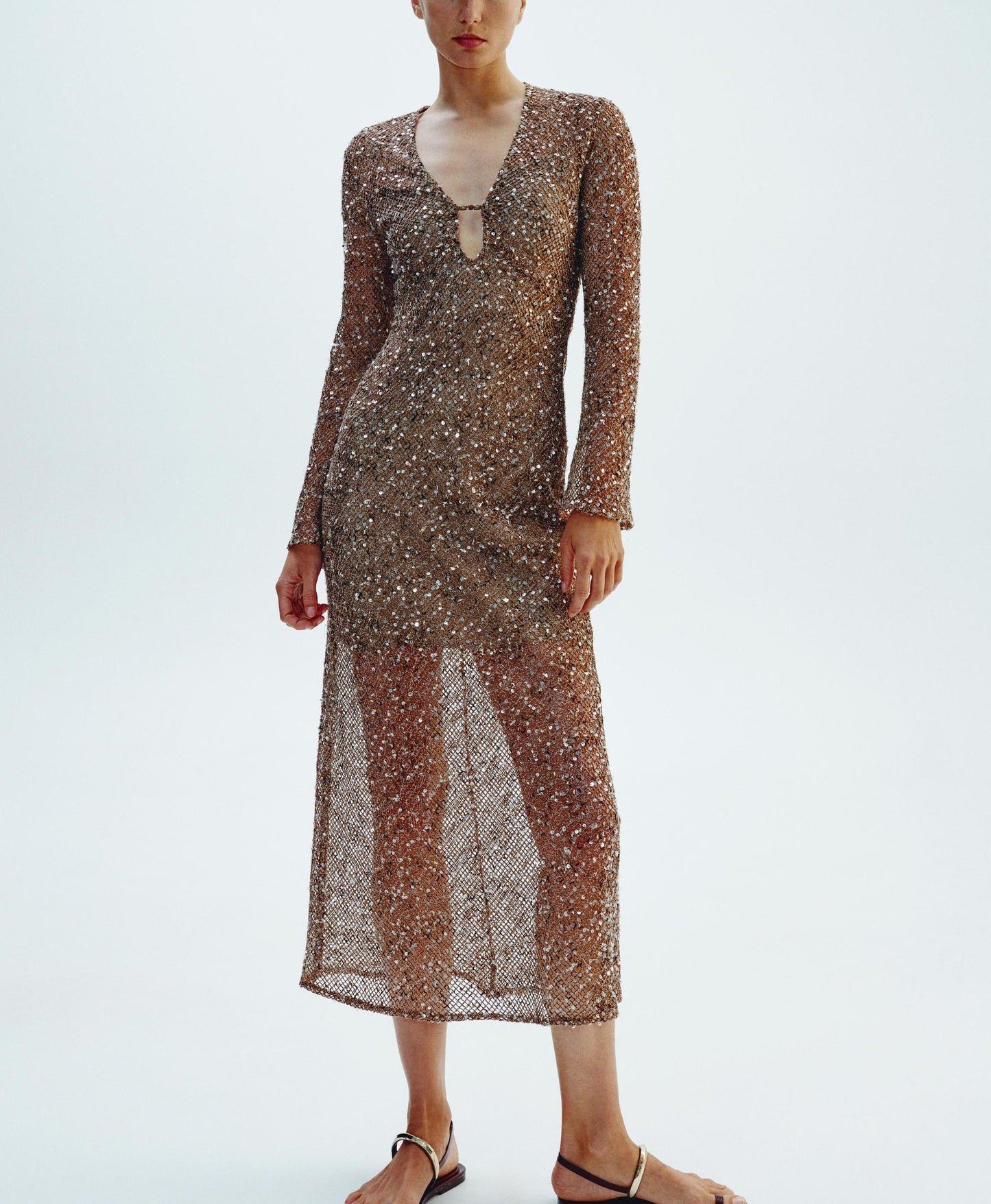 Spring Urban Casual Loose Sequin Shirt Dress V neck Long Sequin Midi Dress - Iyanka