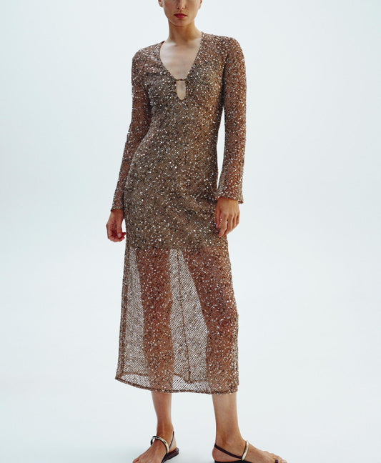 Spring Urban Casual Loose Sequin Shirt Dress V neck Long Sequin Midi Dress - Iyanka