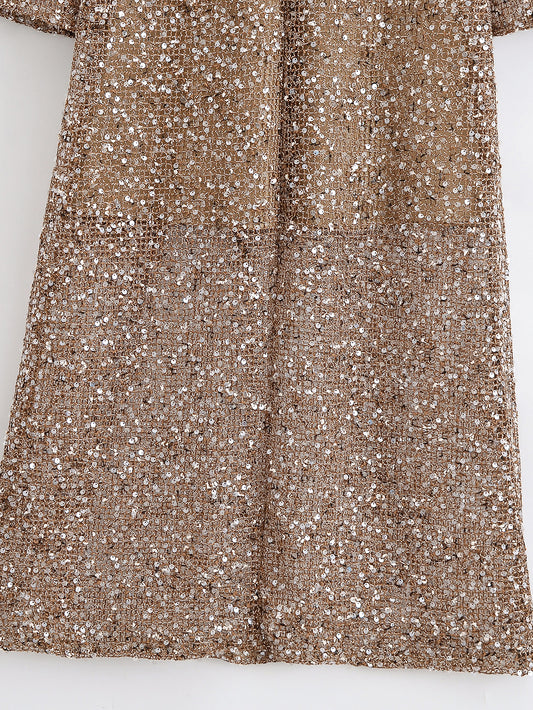 Spring Urban Casual Loose Sequin Shirt Dress V neck Long Sequin Midi Dress - Iyanka