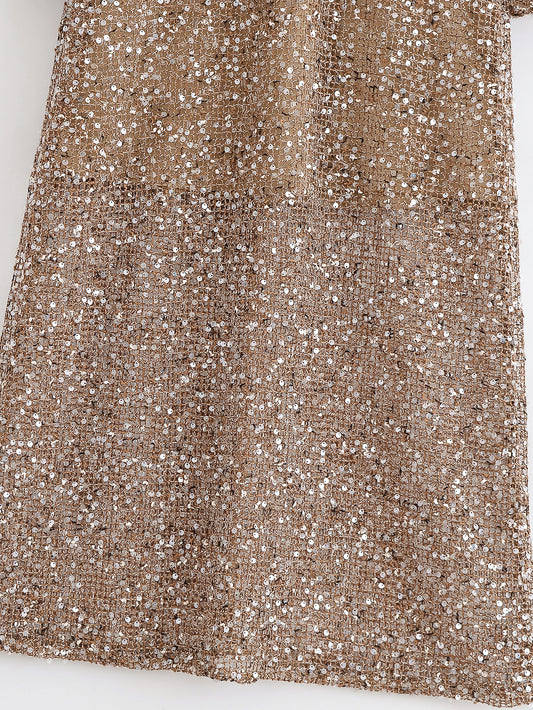 Spring Urban Casual Loose Sequin Shirt Dress V neck Long Sequin Midi Dress - Iyanka