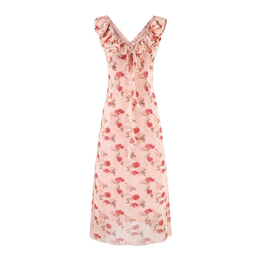 Vacation V neck Floral Flying Sleeves Dress Waist Slimming A line Long Dress